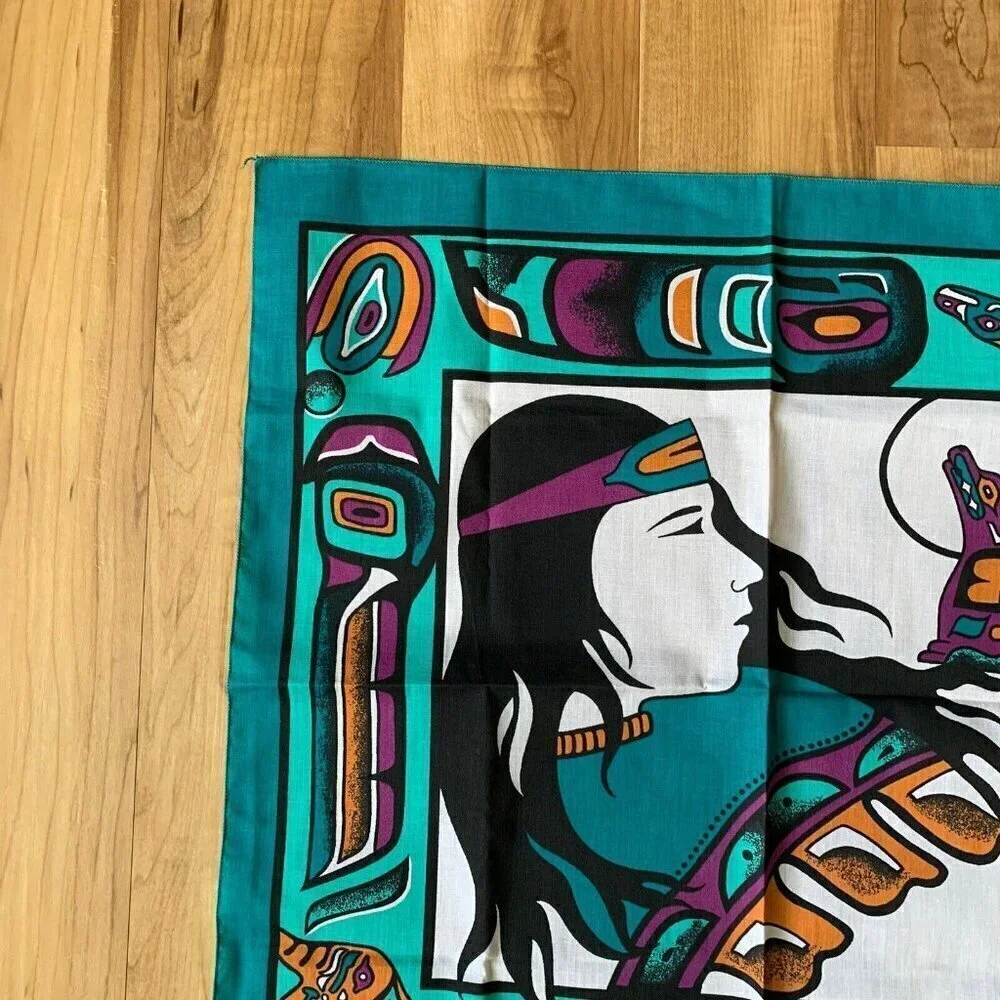 Vintage Aztec Southwestern Cotton Poly Turquoise Handkerchief Bandana USA 21”
